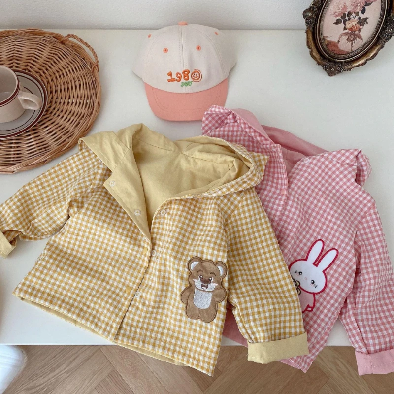 Double-sided Coat for Kids 0-5 Years Old Fall Boys and Girls Bear Hooded Coat for Kids Plaid Long-sleeved Top  Kids Jacket