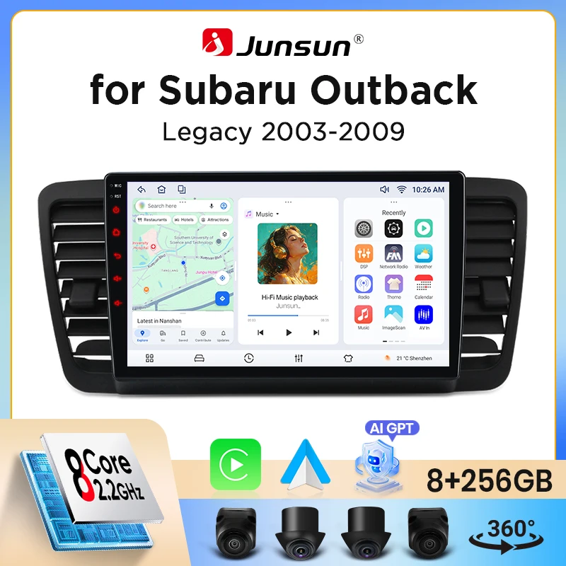 Image of Junsun Wireless CarPlay Android Auto Autoradio für Subaru Legacy / Outback Mk4 (BL/BP) 2003-2009 mit eingebautem Lüfter, Android GPS-Navigation, Multimedia-Player, WiFi, DSP, RDS, BT, SWC,
