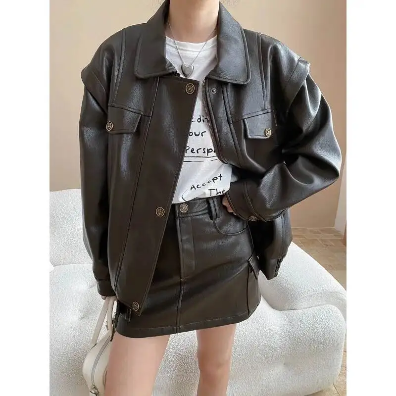 秋のヴィンテージ Pu レザージャケット女性ルーズターンダウン襟長袖カジュアルショートコート
