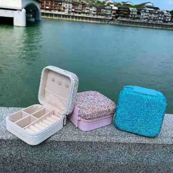

Mini Square Jewelry Box Women Rhinestone Luxury Rings Necklace Earrings Storage Travel Portable Jewel Organizer Birthday Gift