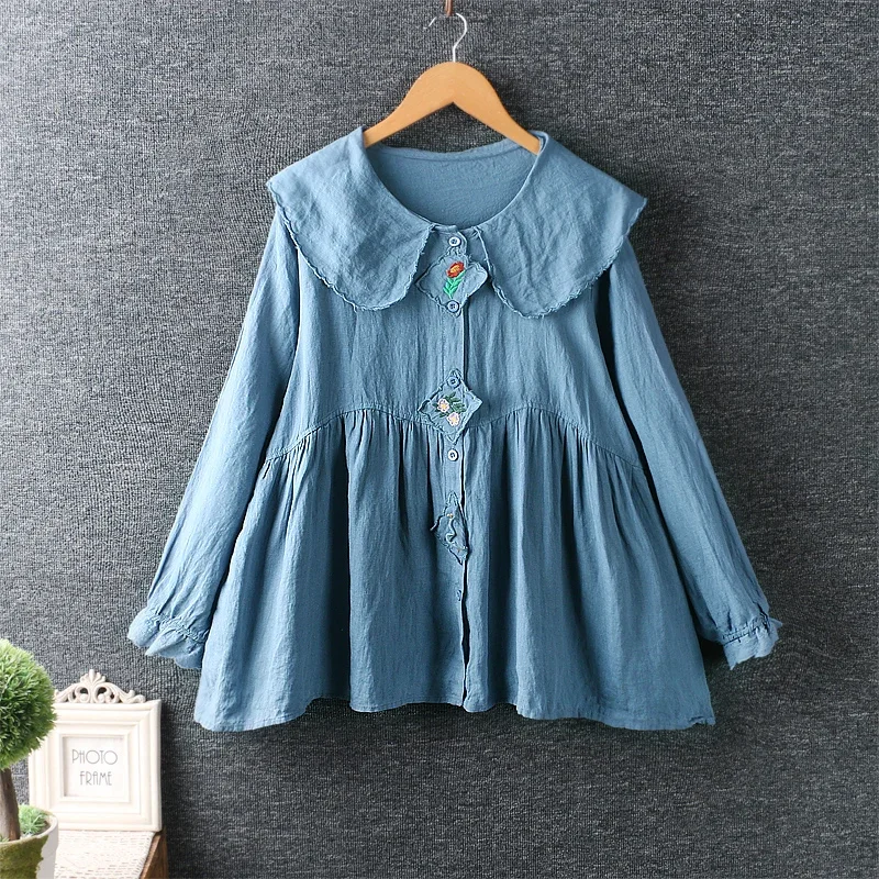 

Spring Autumn Japan Style Mori Girl Floral Embroidery Shirts Women Peter Pan Collar Long Sleeve Cotton linen Loose Blouse Tops