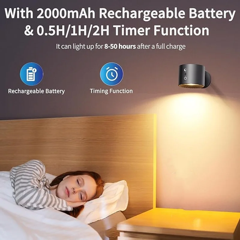 Applique Murale LED Sans Fil Rechargeable à Distance pour Chambre à Coucher, Lumière Chaude, Rotation à 360 °, 3 Couleurs