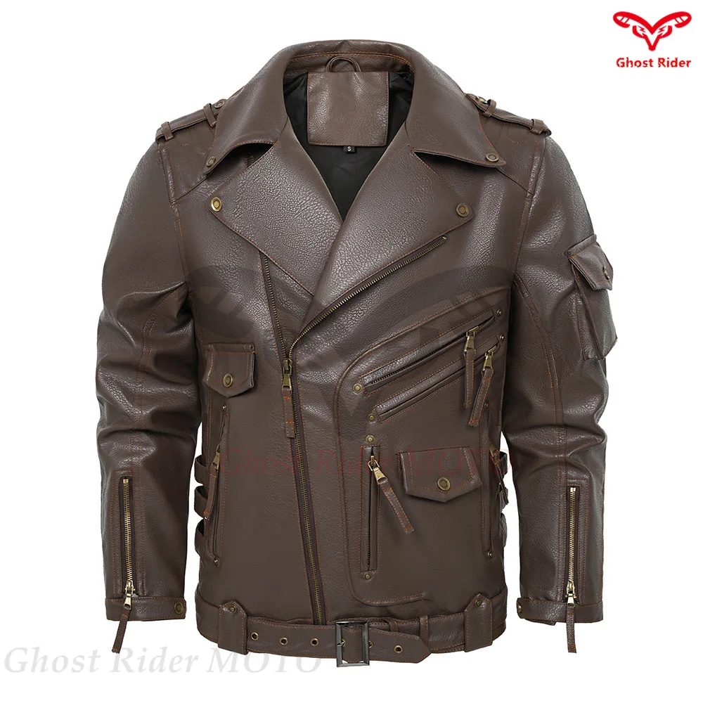 

Multi-pocket zipper leather jacket men's autumn winter jacket European size locomotive PU leather jacket мото экиперовка мужская