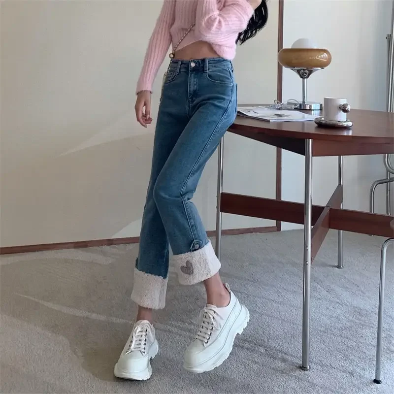 Sweet Thicken Plush y2k Jeans Women Winter Add Velvet Ankle Length Straight Vaqueros Korean Patchwork Warm High Waist Denim Pant