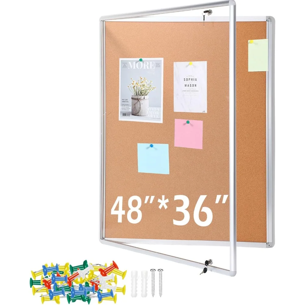 

Enclosed Bulletin Board 48 x 36 Inch Lockable Cork Case Notice Board Weatherproof Bulletin Board with Silver Aluminum Frame