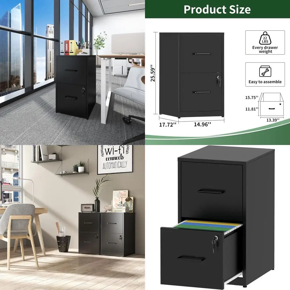 

Secure Vertical Steel File Cabinet for Home Office, 2-Drawer, Black, Fits A4/Legal/Letter, Assembly Needed