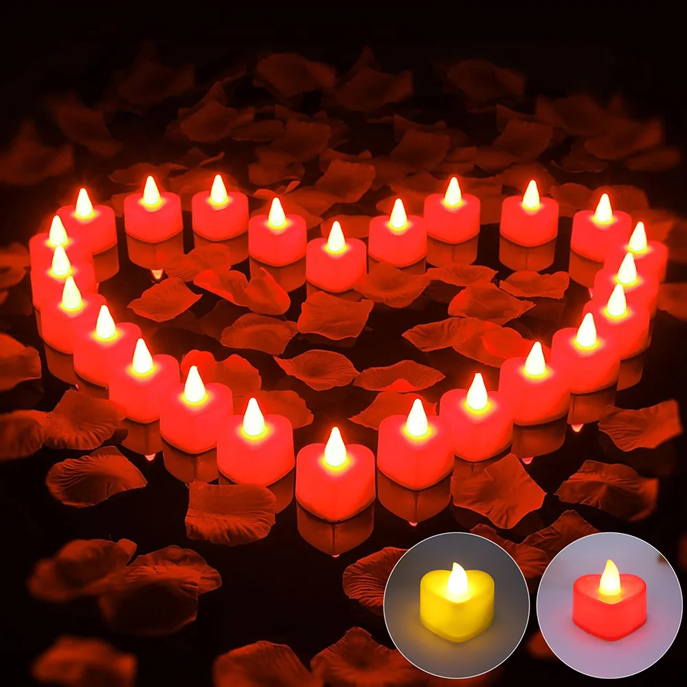 24Pcs Heart Shape LED Candles Tealights Battery Flameless Candles Lamp Valentine's Day Party Decor Simulation Electric Candles