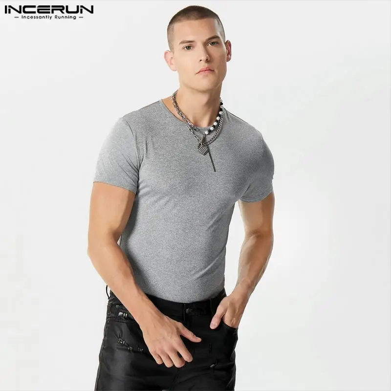 INCERUN-Barboteuses à manches courtes pour hommes, costume de batterie, document solide, col rond, manches courtes, streetwear, t-shirt fitness, mode décontractée, S-5XL, 2023