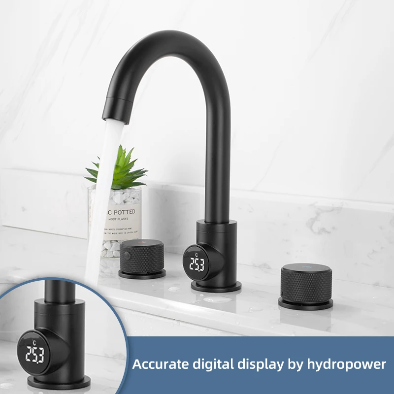 Deck Mounted Intelligent Mat Black Digital Temperature Display Basin Konb Faucet Mixer Tap