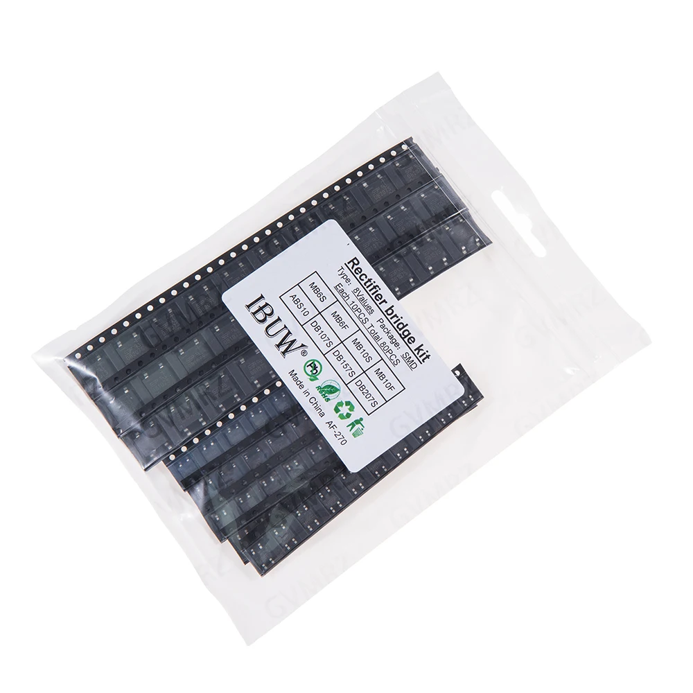 80PCS 8Values SMD Rectifier Bridge Kit MB6S for AC-DC Power Conversion & Electronic Circuit Repair Projects MB6F/MB10S
