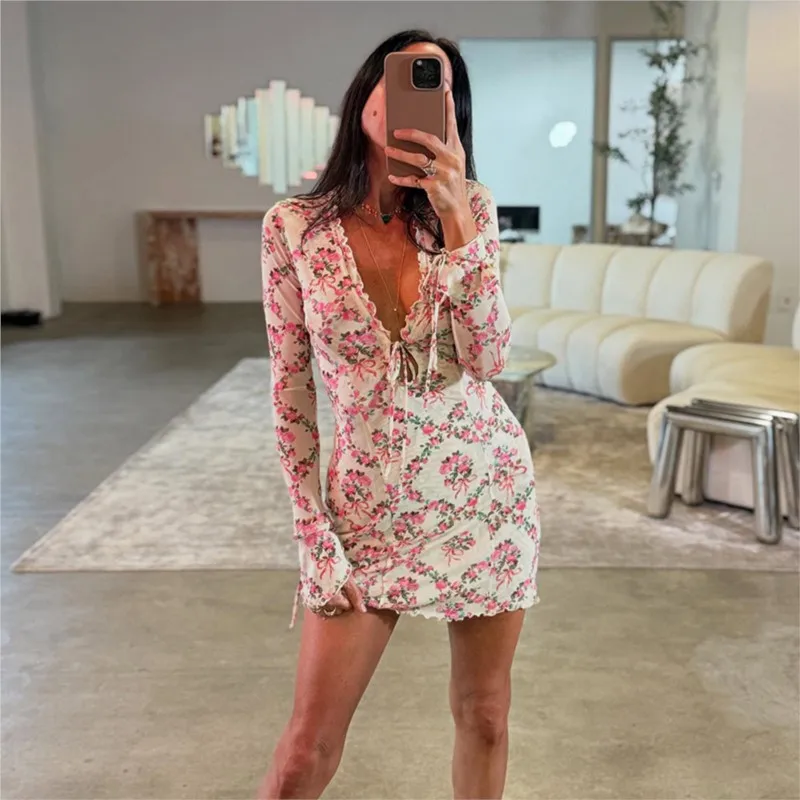 2025 Estate delle nuove donne retro stampa floreale profondo scollo a V chiffon manica lunga cravatta abito posteriore slim fit trasparente backless party chic