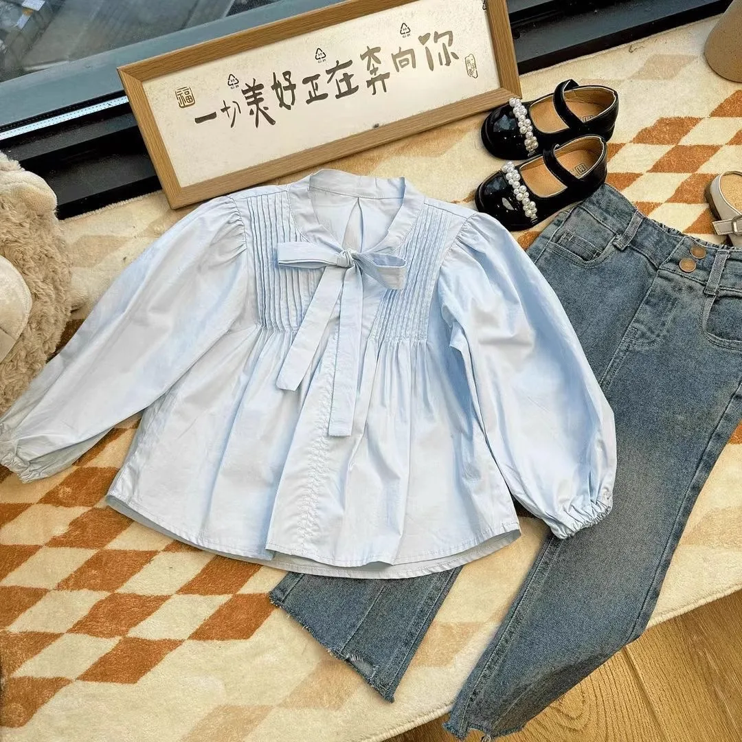 2025 Spring Autumn Kids Girls 2PCS Clothes Set Cotton Solid Bow Shirts Denim Slimming Jeans Suit 1-8 Years Girls Outfits