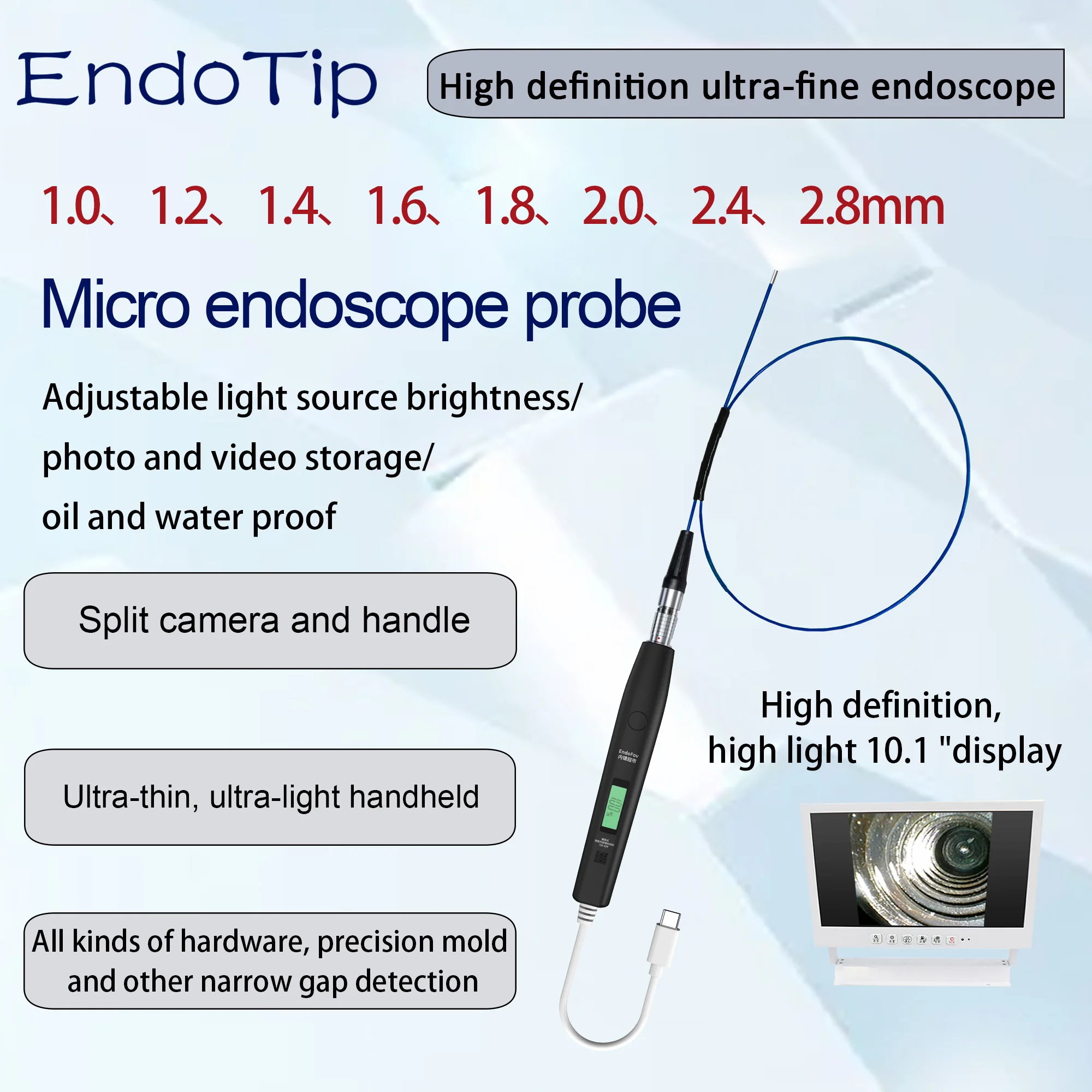 1.0-2.8mm micro industrial hard tube mirror Endoscopic handle camera Adjustable light band display portable endoscopic camera