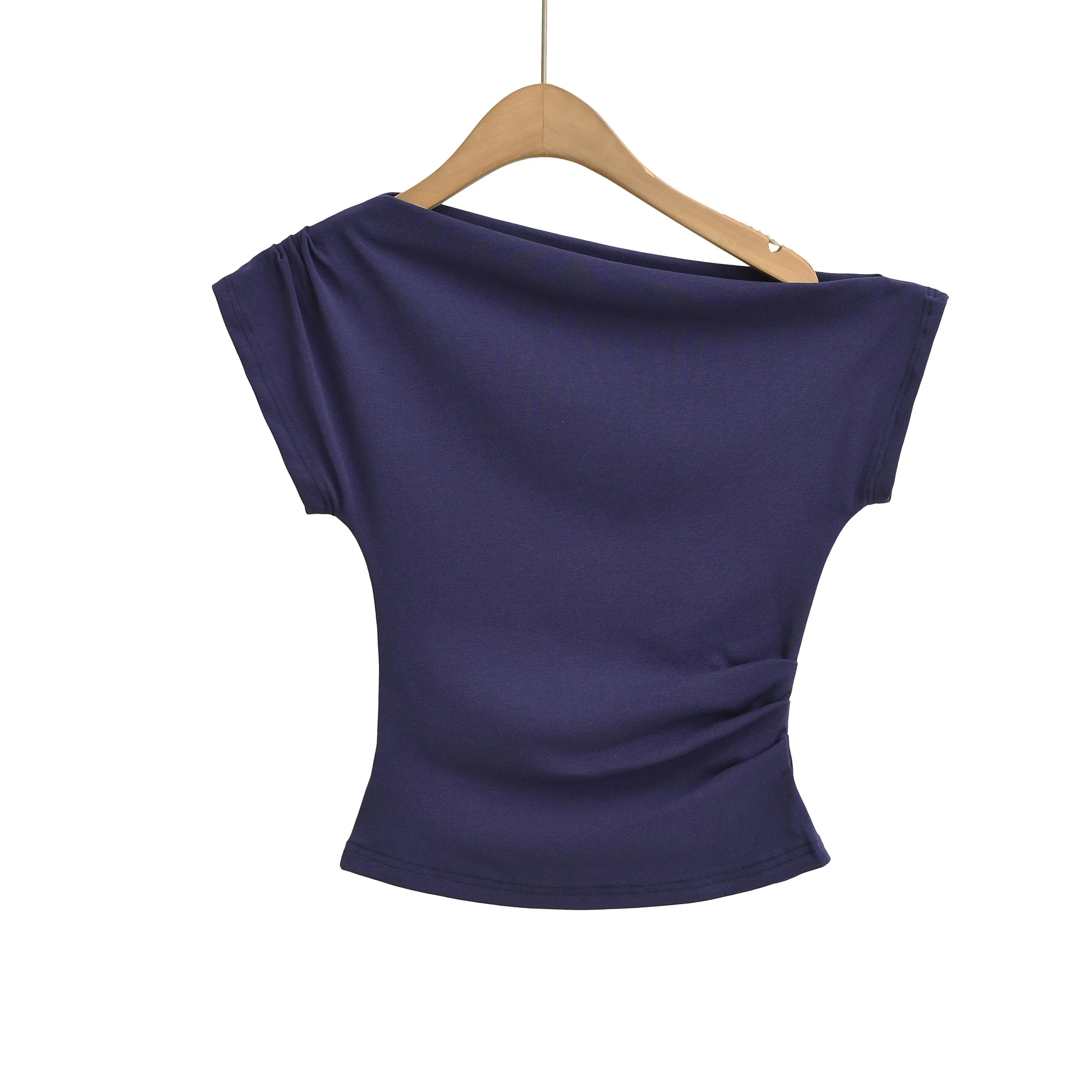 Été nouveau Sle femmes coupe ajustée ort Sve T-irt taille cintrée Sexy côté oulder pli conception respirant absorbant la sueur