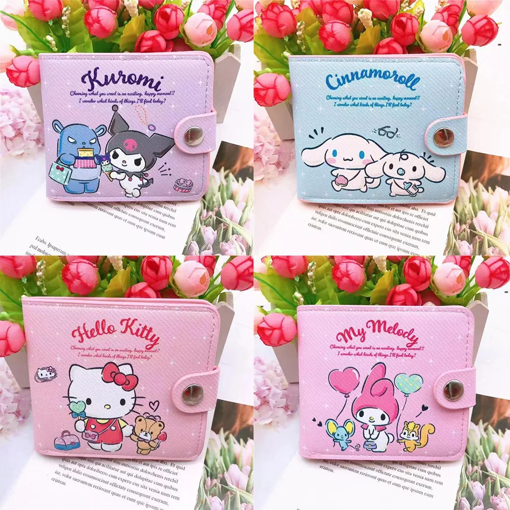 

Kawaii Hello Kitty Cinnamoroll Pu Button Wallet Cartoon Sanrio Melody Kuromi Student Portable Bus Card Coin Purse Girls Gifts