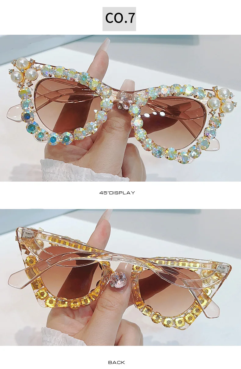 Glänzende Diamanten Cat Eye Sonnenbrille Frauen Luxus Perle Trends Punk Sonnenbrille weibliche Schatten UV400 Gradient Strass Brille – Detail 12