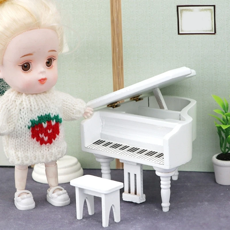 Wooden Miniature Grand Piano for Doll House Displays, with Keyboard Detailing, Turned Legs, and Open-Lid Styling 15UB