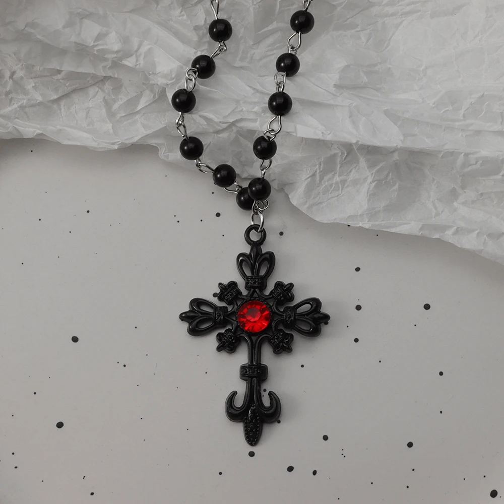 Gotische Vleermuis Kruis Donkere Hanger Ketting Set, Y2K Gepersonaliseerde Doorn Liefde Zwarte Kraal Gestapelde Ketting Set, Geschikt als Halloween G