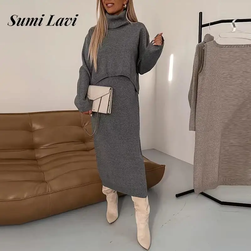 Women Causal Long Sleeve Solid Knit Suit Fashion Sweater Soft Loose 2Pc Set Elegant Turtleneck Pullover Top & Vest Dress Outfits