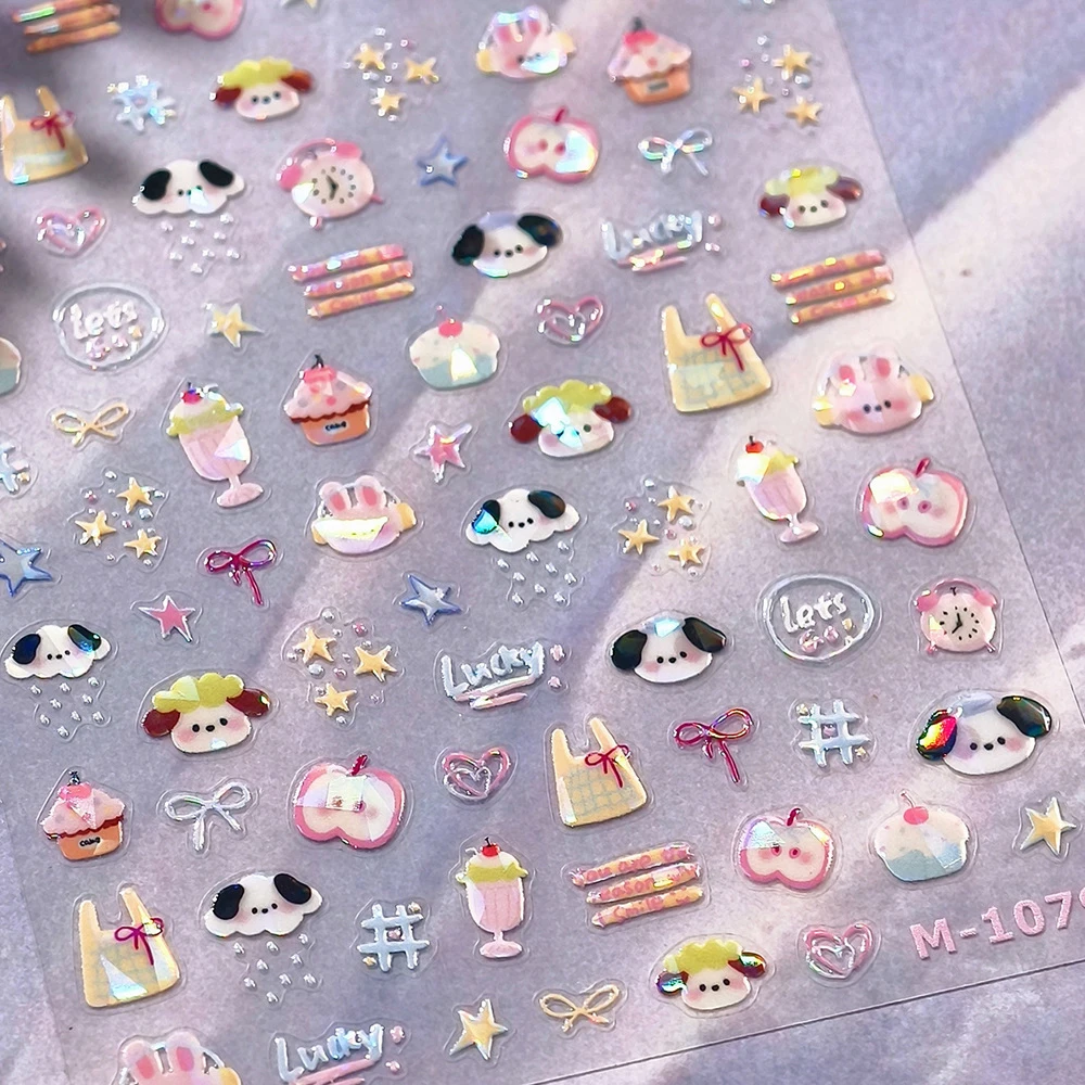 น่ารักไส้กรอกสุนัขผลไม้ Love Hearts Nail Art Decals Apple Cherry Bone 5D สติกเกอร์เล็บ Self กาวตกแต่งเล็บ Decal