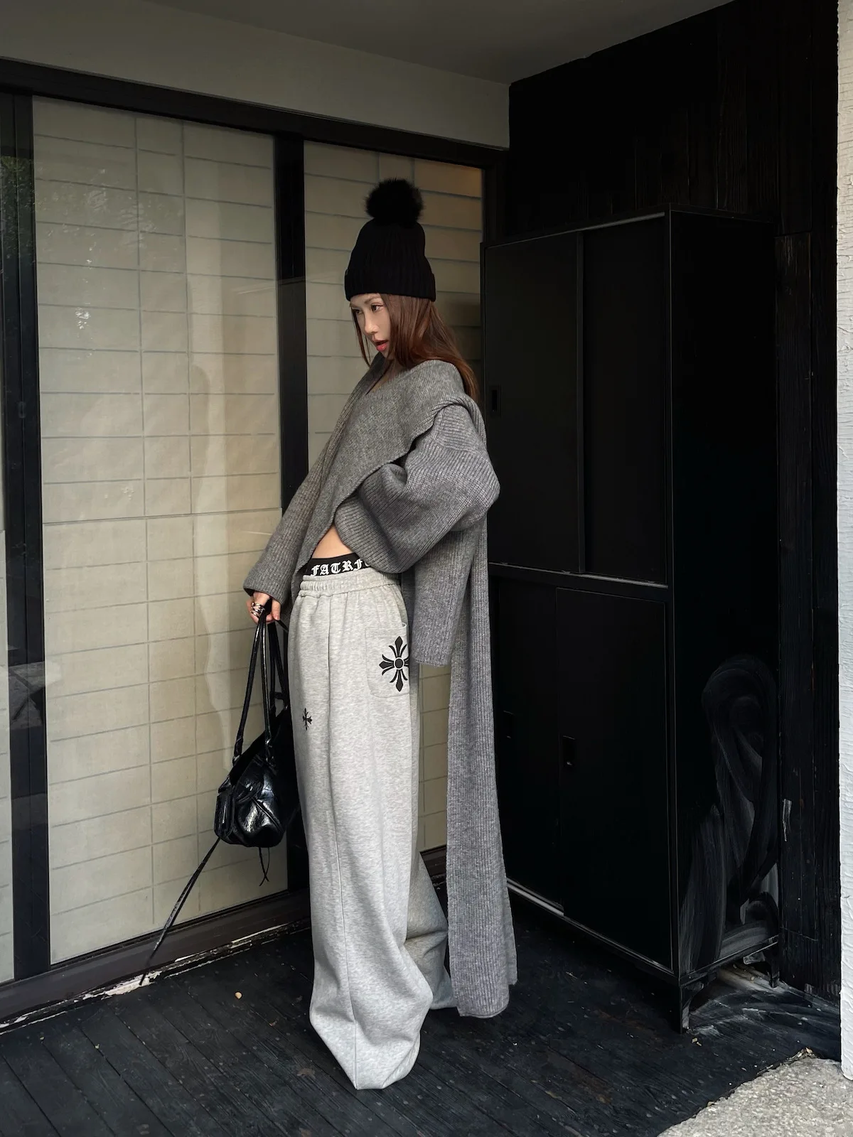 

Sermeet ey Spliced Loose Wide Leg Casual Sports Pants Women's Straight Cut Trousers Autumn Winter l Waist Cotton