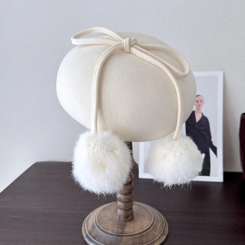 Koreanische Version Ins Süße Schleife Pelzbommel Woll-Baskenmütze Damen Winter Vielseitige Elegante Warme Malermütze Einfarbige Kürbismütze – Detail 2