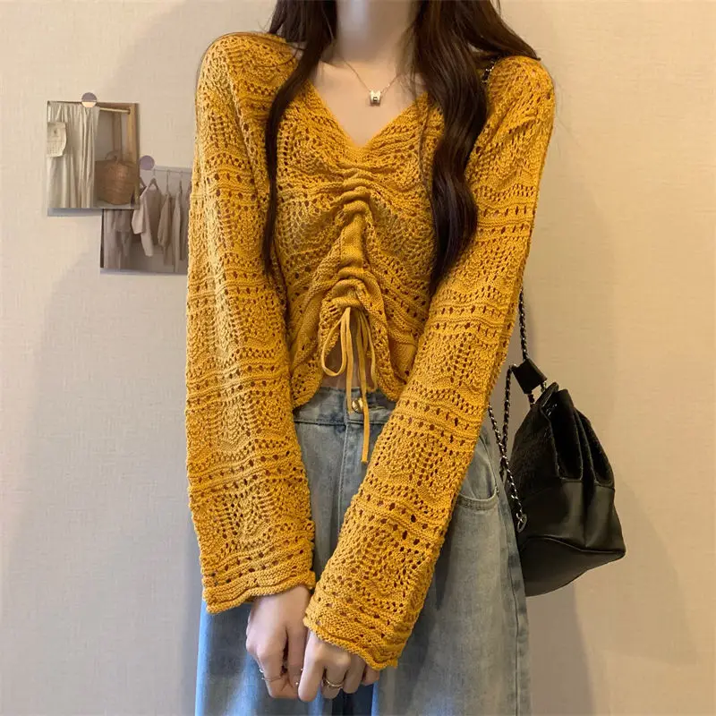 Korean Simple Hollow Out Drawstring Knit Sweaters Women Spring Summer Solid V-Neck Lace Up Sweet and Spicy Sexy Design Short Top