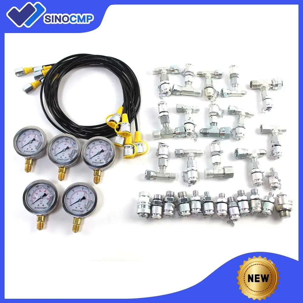 

Hydraulic Pressure Test Kit w/ 5 Gauges 5 Test Hoses 13 Couplings & 14 Tee Connectors, 1/10/25/40/60Mpa Gauge Kit for Excavators