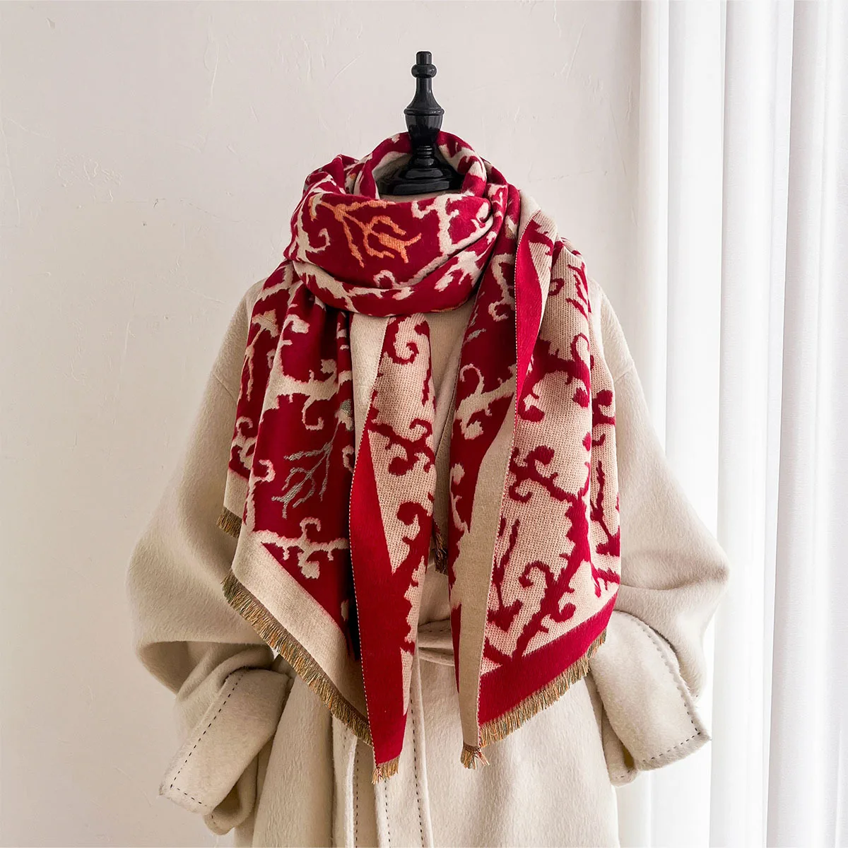 Ladies Thick Warm Imitation Cashmere Shawl Vintage Paisley Flower Print Decorative Geometric Border Tassel Fringe Large Size