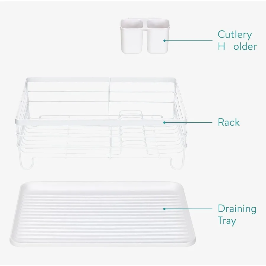 Scolapiatti - Stendino per piatti, posate, pentole e padelle per cucina - Vassoio antigoccia dal design moderno e retrò con griglia in metallo - Bianco