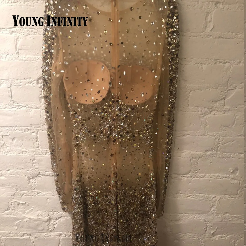 New Arrival Long Sleeves Short Prom Dress 2023 Real O Neck Sparkly Party Gown Beading Crystal Birthday Formal Wear Pageant Miss