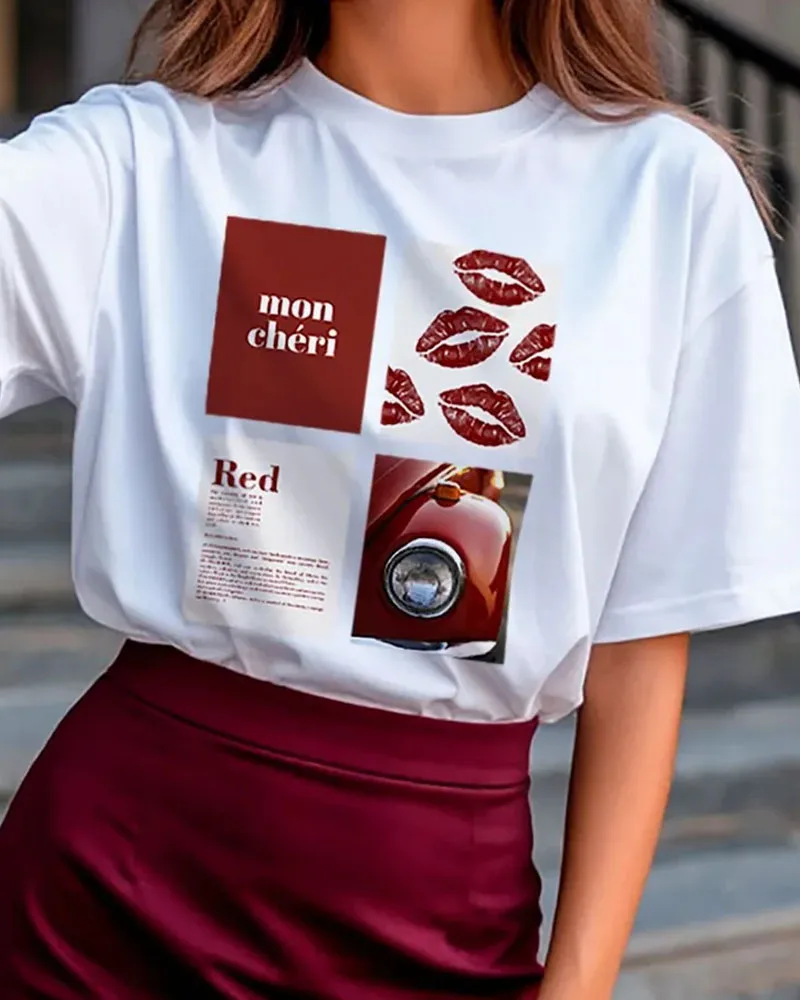 Women Mon Chéri Red Lips & Vintage Car Print T-Shirt French Slogan Graphic Crew Neck Short Sleeve Girls Casual Tees Streetwear view 2