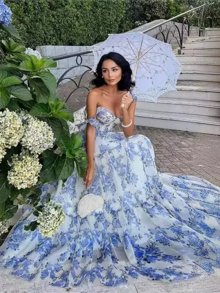 

Sexy Floral Print Sleeveless Long Dress Lady Fashion Elegant French Birthday Party Off Shoulder Spaghetti Strap Backless Dresses