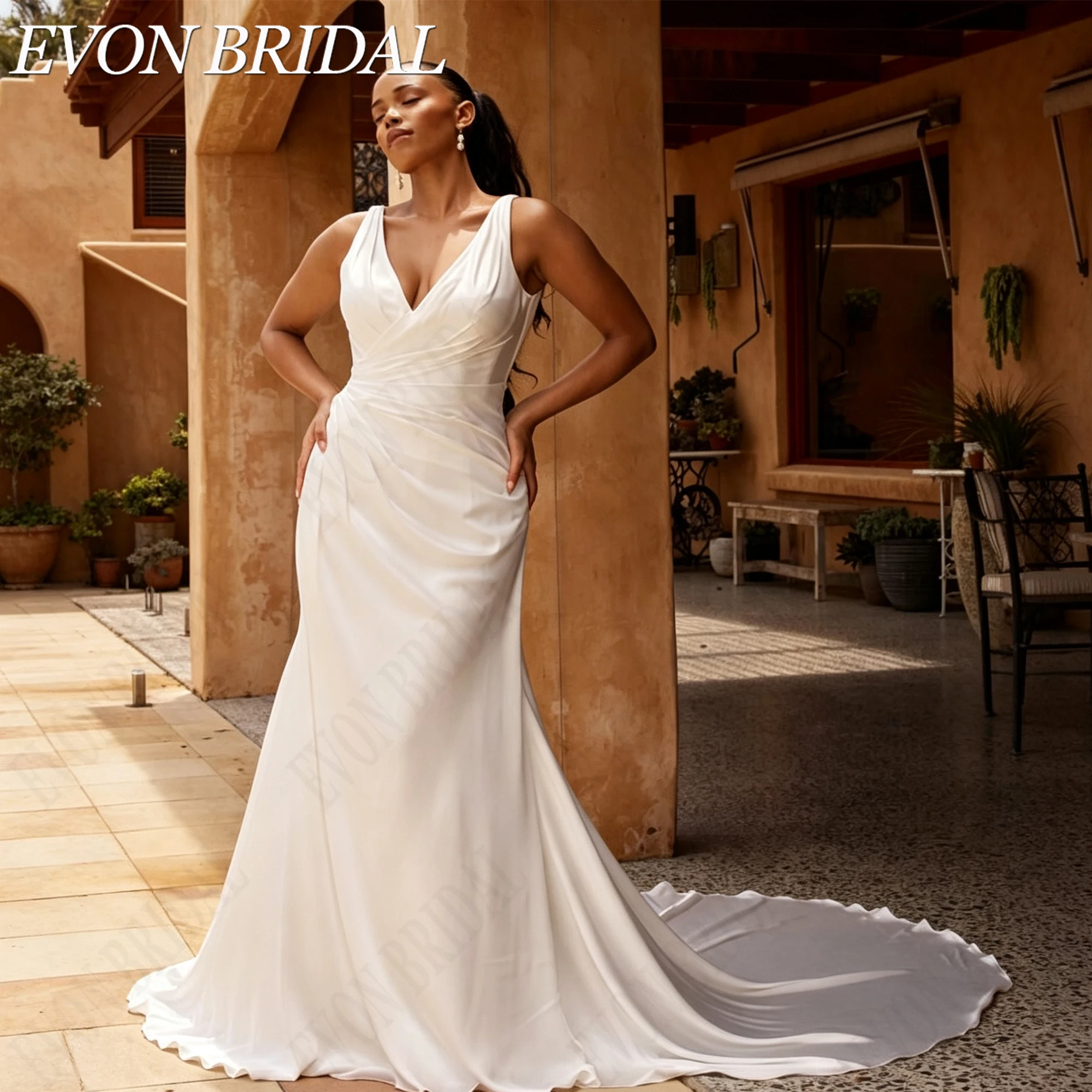 EVON BRIDAL Плюс размер свадебное платье тонкие бретели глубокий V вырез русалка простое открытое спина свадебное платье невесты на заказ индивидуальный размер элегантное атласное свадебное платье для пышных невест