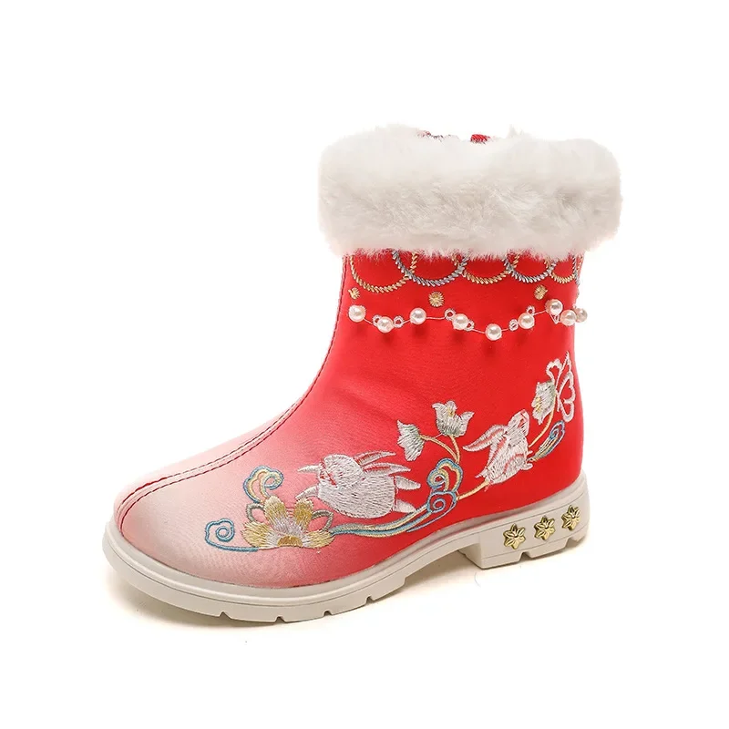 

New Girls Embroidered Boots Thickened Warm Boots Chinese Style Princess Ancient Hanfu Gradient Pearls Elegant Kids Short Boots