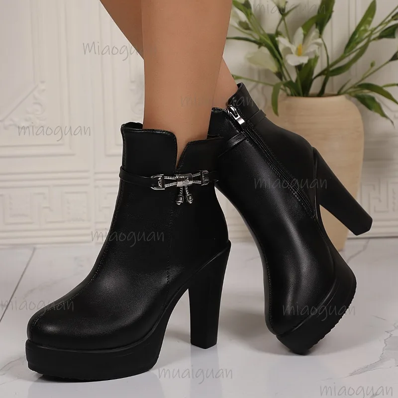 

Autumn Winter Black Women's Chunky Heel Ankle Boots Round Toe Platform Sole Metal Decor Fashion Booties Shoes for Women Elegant