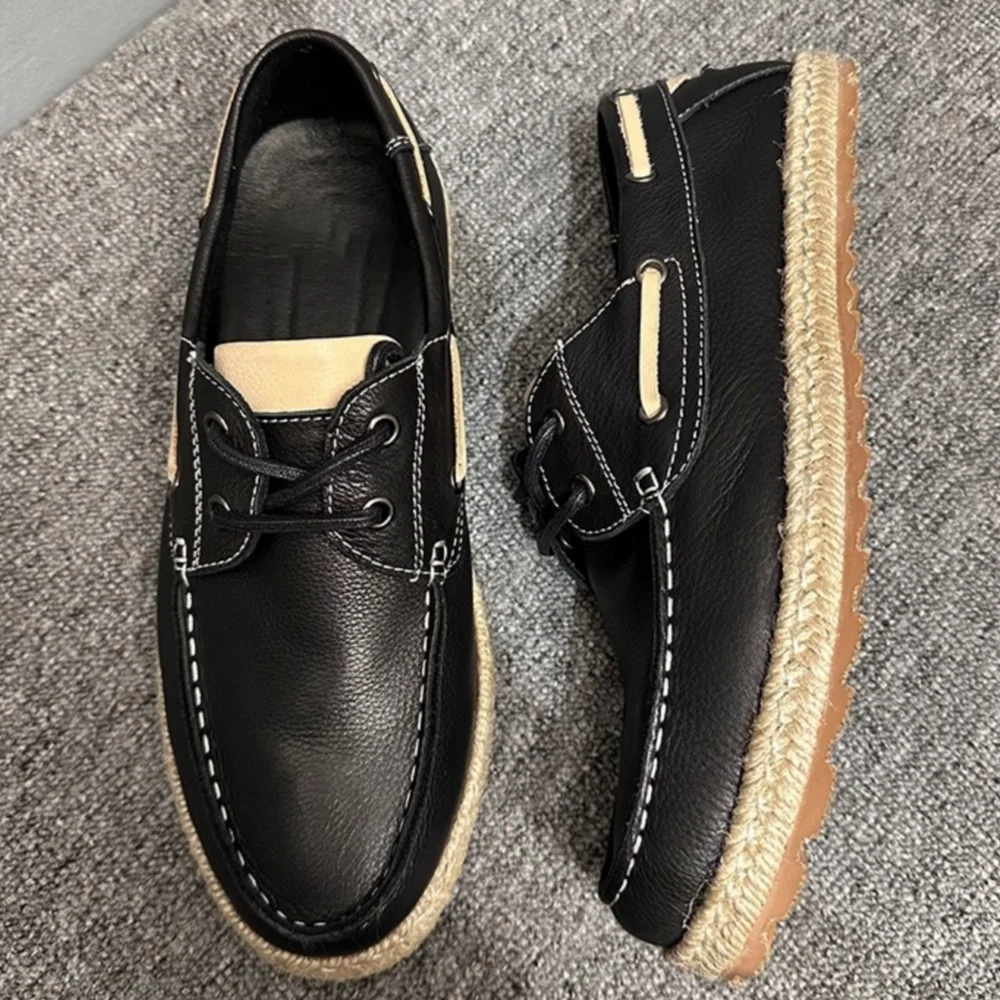 QHCCID 남성용 레트로 수제 캐주얼 신발 천연 가죽 통기성 부드러운 소가죽 보트 피셔맨 슈즈