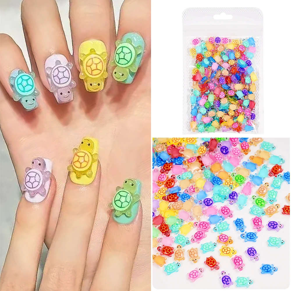 200/100/50 Uds. De abalorios para decoración de uñas de tortuga pequeña de resina mixta, corazón/arco 3D, diamantes de imitación Kawaii, manualidades DIY para decoraciones 3D de uñas