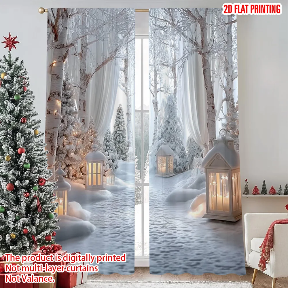 

2pcs 2D flat printing Christmas Curtains winter forest Versatile Polyester Fabric Without Electricity Holiday Decorations Use