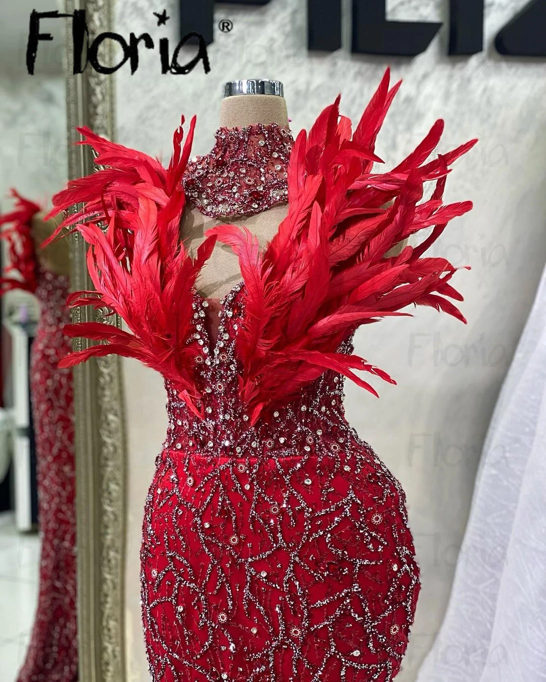 Red Feather Evening Dress Women\'s Engagement Party Dress Elegant Beaded Formal Occasion Dresses Wedding Ceremony Dress Custom