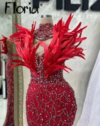 Red Feather Evening Dress Women's Engagement Party Dress Elegant Beaded Formal Occasion Dresses Wedding Ceremony Dress Custom