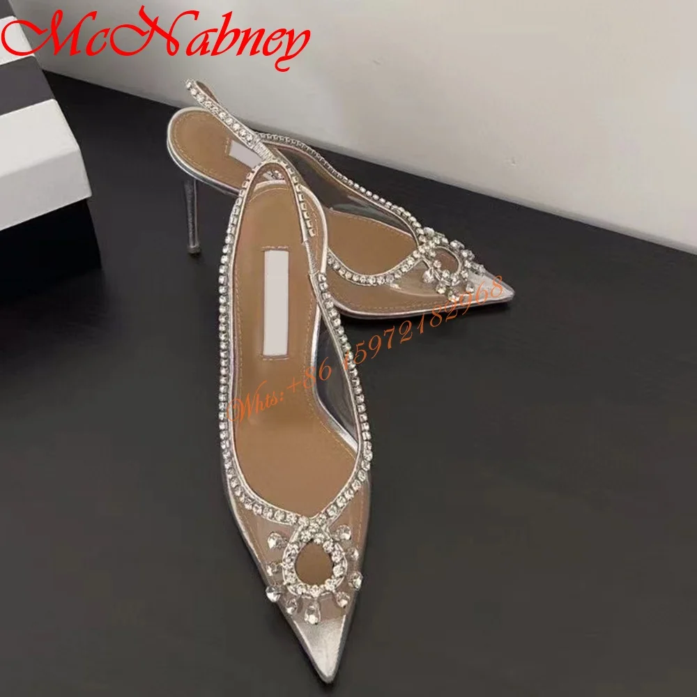 Sexy Pointy Toe Hollow Sandals Crystal Studded Solid PVC Slingback Straps Women Shoes Stiletto Heels Design Sandals Summer Party