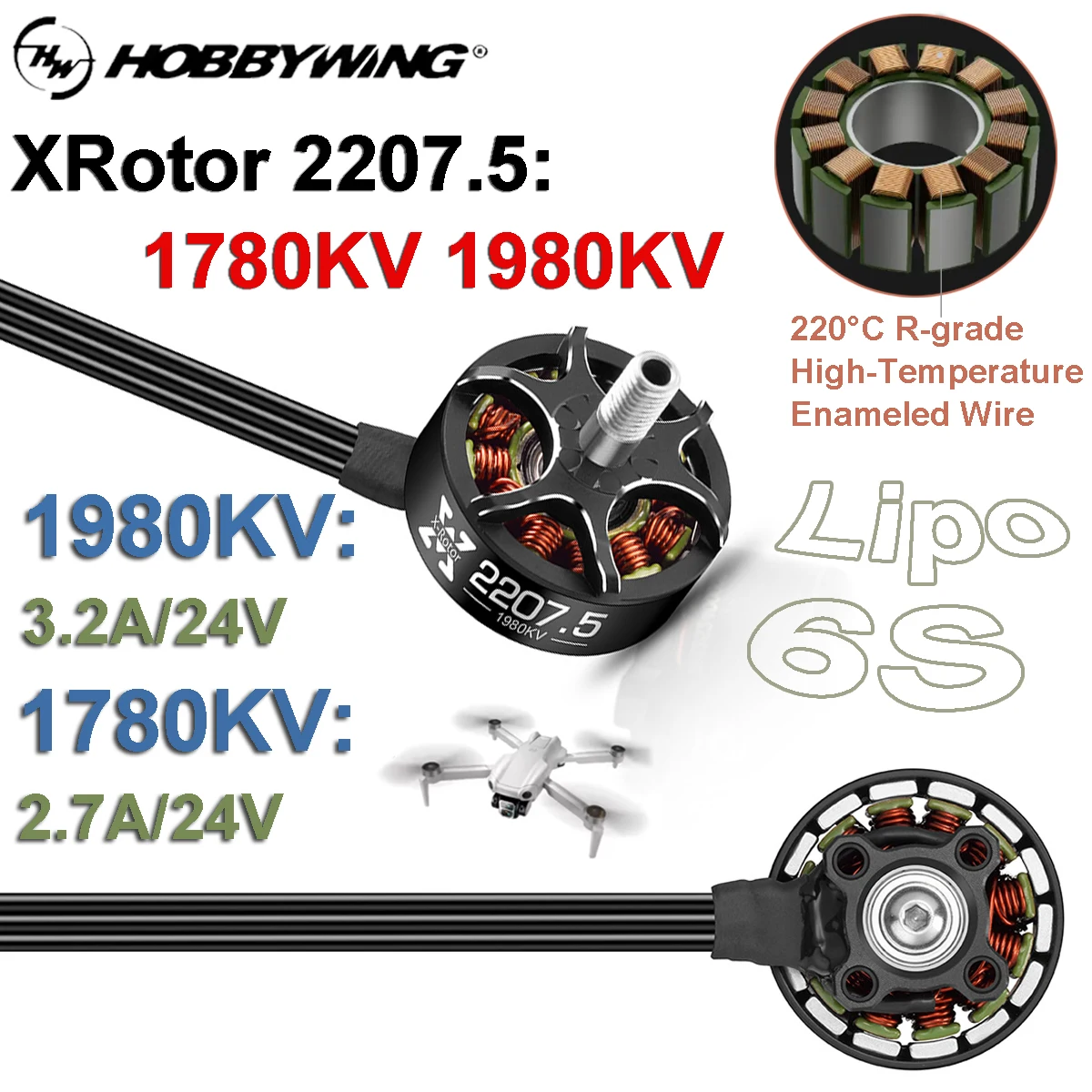 

HOBBYWING XRotor Brushless 2207.5 1780/1980KV Motor 3.2A/24V Strong Arc-Shaped Magnets Design for Remote Control FPV Drone Parts