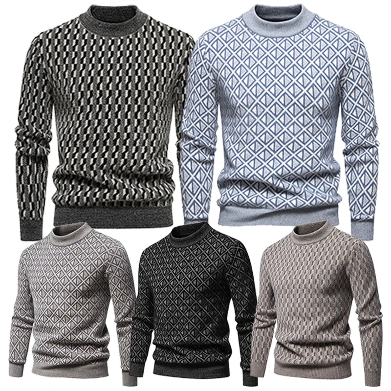 

New Men's Heavy Fashion Striped Cotton Sweater Long Sleeve Crewneck Base Sweater Pullover