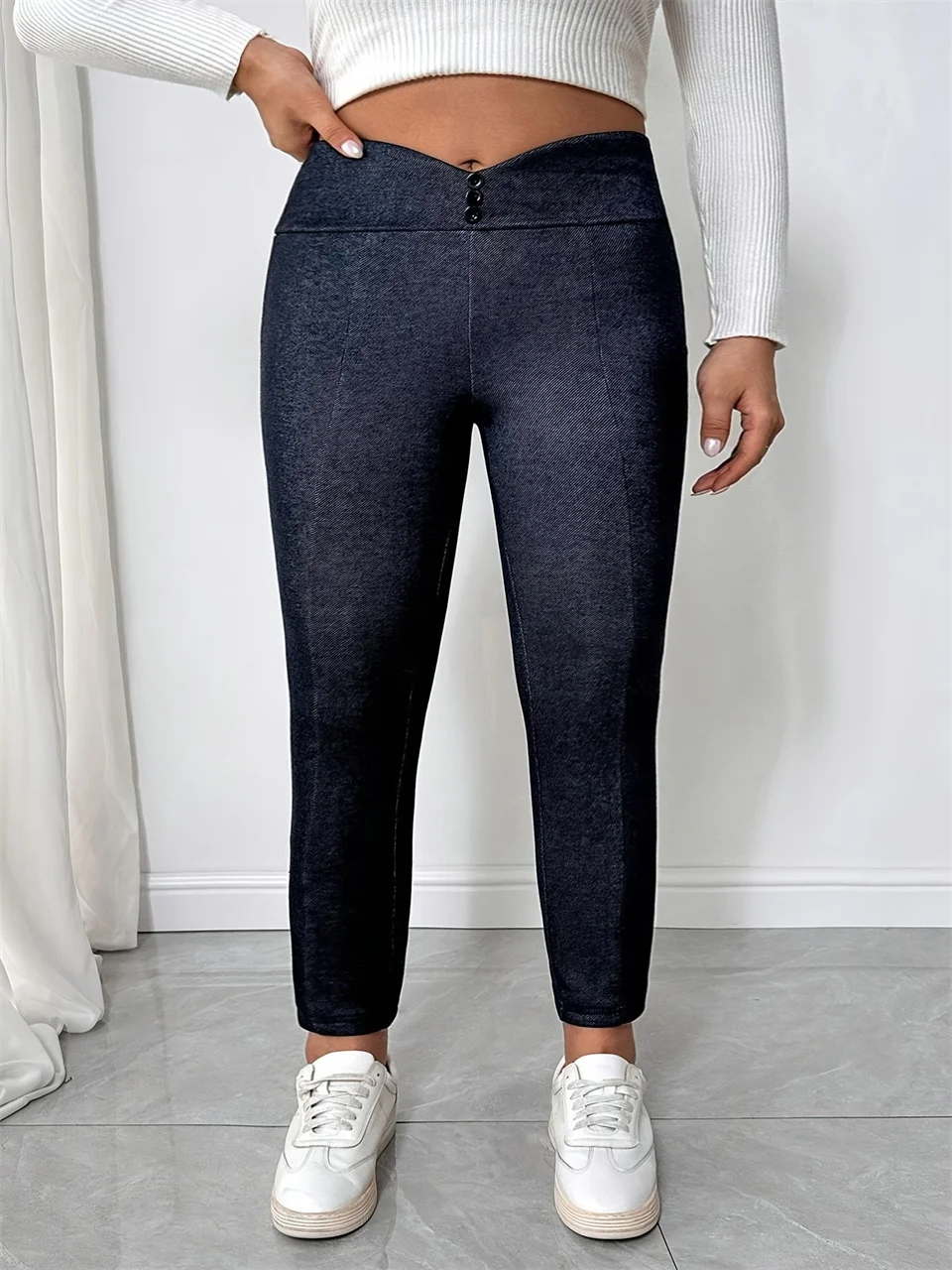 GIBSIE Plus Size Fashion Button Detail Thicken Pencil Pants Women 2025 Autumn Winter Fleece-lined Casual All Match Warm Pants