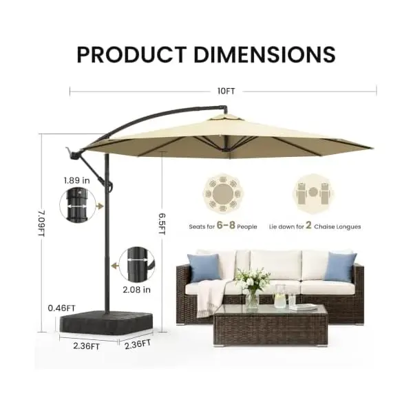 10FT Cantilever Umbrella with 360° Rotation & 45° Tilt Adjustment • Heavy-Duty Fillable Base System • 220GSM UPF50+ Water-Repell