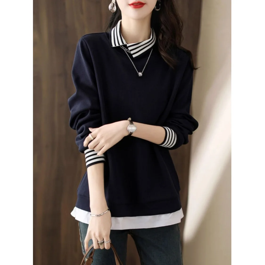 

Женский длинный свитшот Sve Ne весна 2024, однотонный повседневный вязаный топ из двух предметов с V-образным вырезом и V-образным вырезом