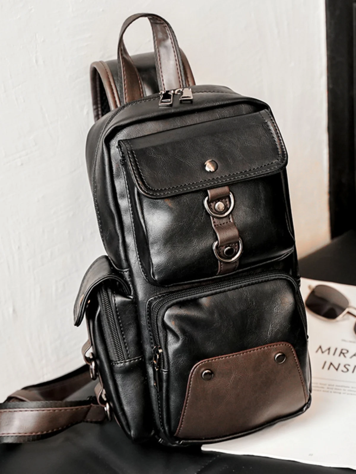 Fashionable Contrast Color Leather Men's Chest Bag Portable Casual Single Shoulder Bag Street Trend Soft PU Small Size
