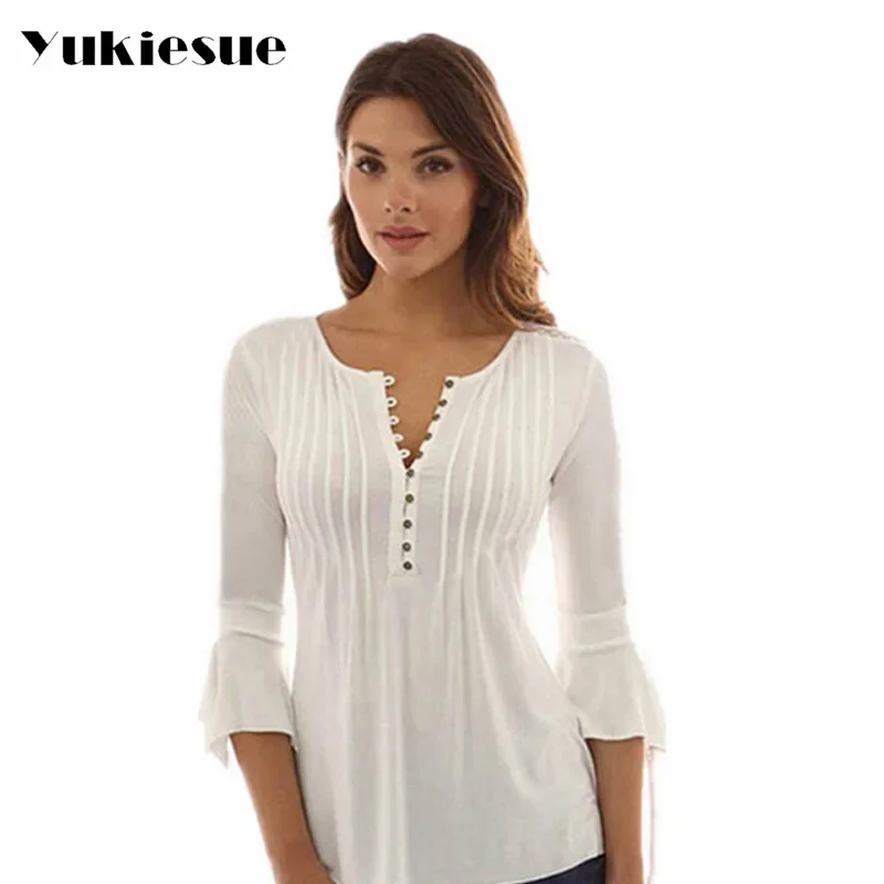 

Korea Style Women Blouse Shirts 2022 Elegant Ruffles Women Tops clothes Flare Sleeve Solid Casual Loose Shirt blusas feminina
