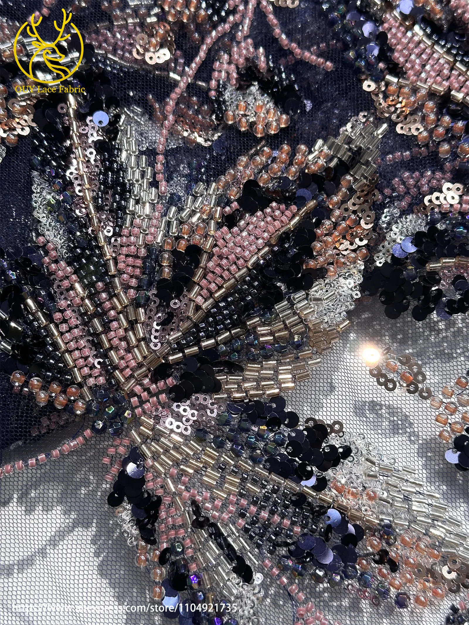 Lila Luxuriöser Afrikanischer Perlen-Spitzenstoff 2026 Modische Französische Nigerianische Pailletten-Stickerei-Spitze für Brautkleider – Detail 20